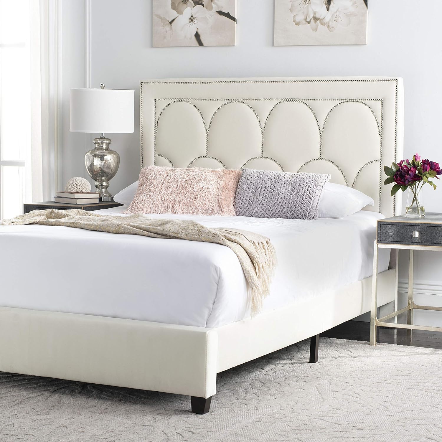 Safavieh Home Solania Contemporary Cream Velvet Bed, Queen