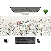 Cute Wild Flower Desk Mat, Boho Aesthetic XL Large Extended Gaming Mouse Pad Desk Pad with Stitched Edges 31.5x11.8 in, Computer Laptop Mousepad Keyboard and Mouse Mat for Women Office Desk Decor