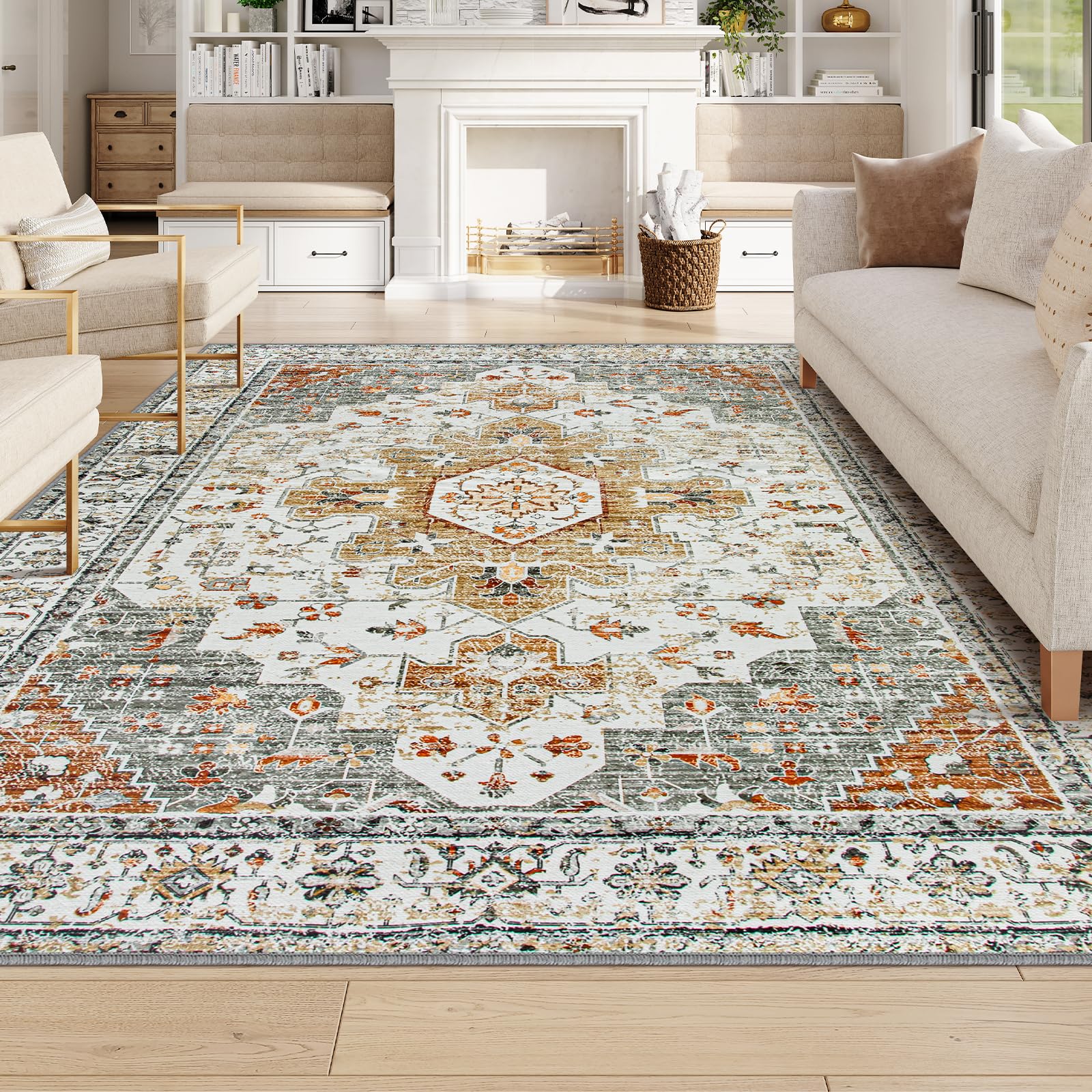 Photo 1 of Moynesa Living Room Area Rug 9x12, Ultra-Thin Washable Large Rugs for Bedroom Under Dining Room Table, Vintage Oriental Medallion Printed Low Pile Carpet for Office Playroom Dorm, Beige/Gold
