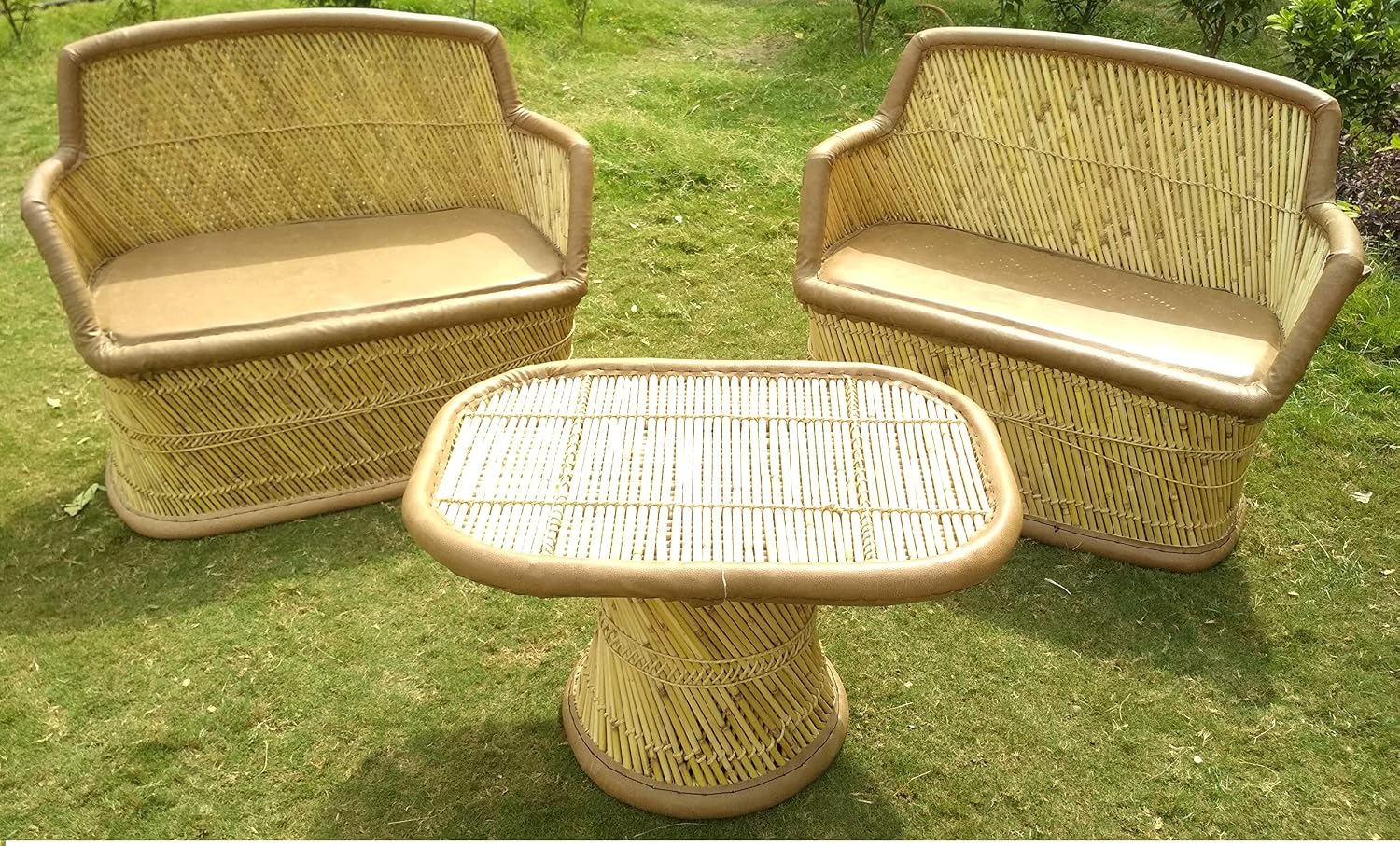 Patiostack Bamboo Outdoor Vintage Rattan Wicker Sitting Table Sofa Furniture Set For Garden Terrace Lawn And Living Room Double 2 Seater Sofa Chair 1 Table Amazon In Home Kitchen