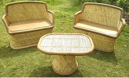 PatioStack Bamboo Outdoor Vintage Rattan & Wicker Sitting Table Sofa Furniture Set for Garden/Terrace / Lawn and Living Room [ Double 2 Seater Sofa Chair, 1 Table ]