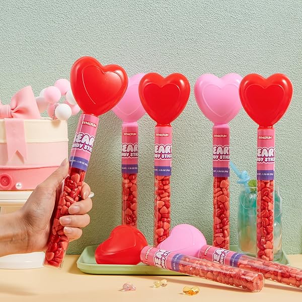 SYNCFUN 12PCS HEART SHAPE RED HARD CANDY WITH TUBE BUNDLE INDIVIDUALLY WRAPPED, SNACKS TINY STICK FOR PARTY FAVOR, REWARD PRIZES
