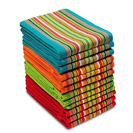 Cotton Craft 12 Pack Salsa Stripe Multi Color Kitchen Towels 16x28 Inches 100 Cotton
