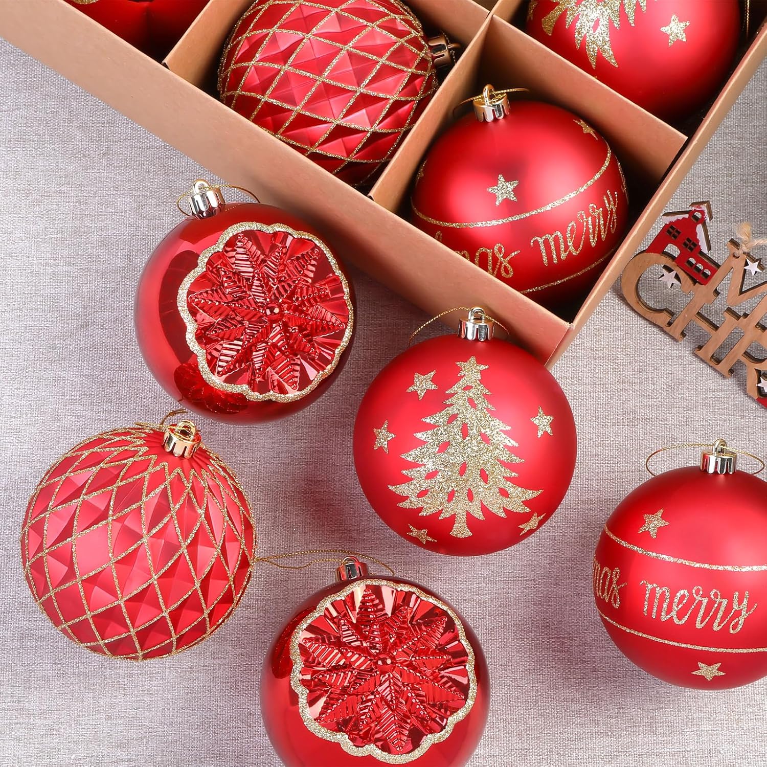 Ornaments - SHareconn 100MM/4 Inch Christmas Balls Ornaments 2023, 9PCS Colored Shatterproof Plastic Decorative Hanging Baubles Set for Xmas Tree Decor Holiday Party Wedding Decoration with Hook, Red