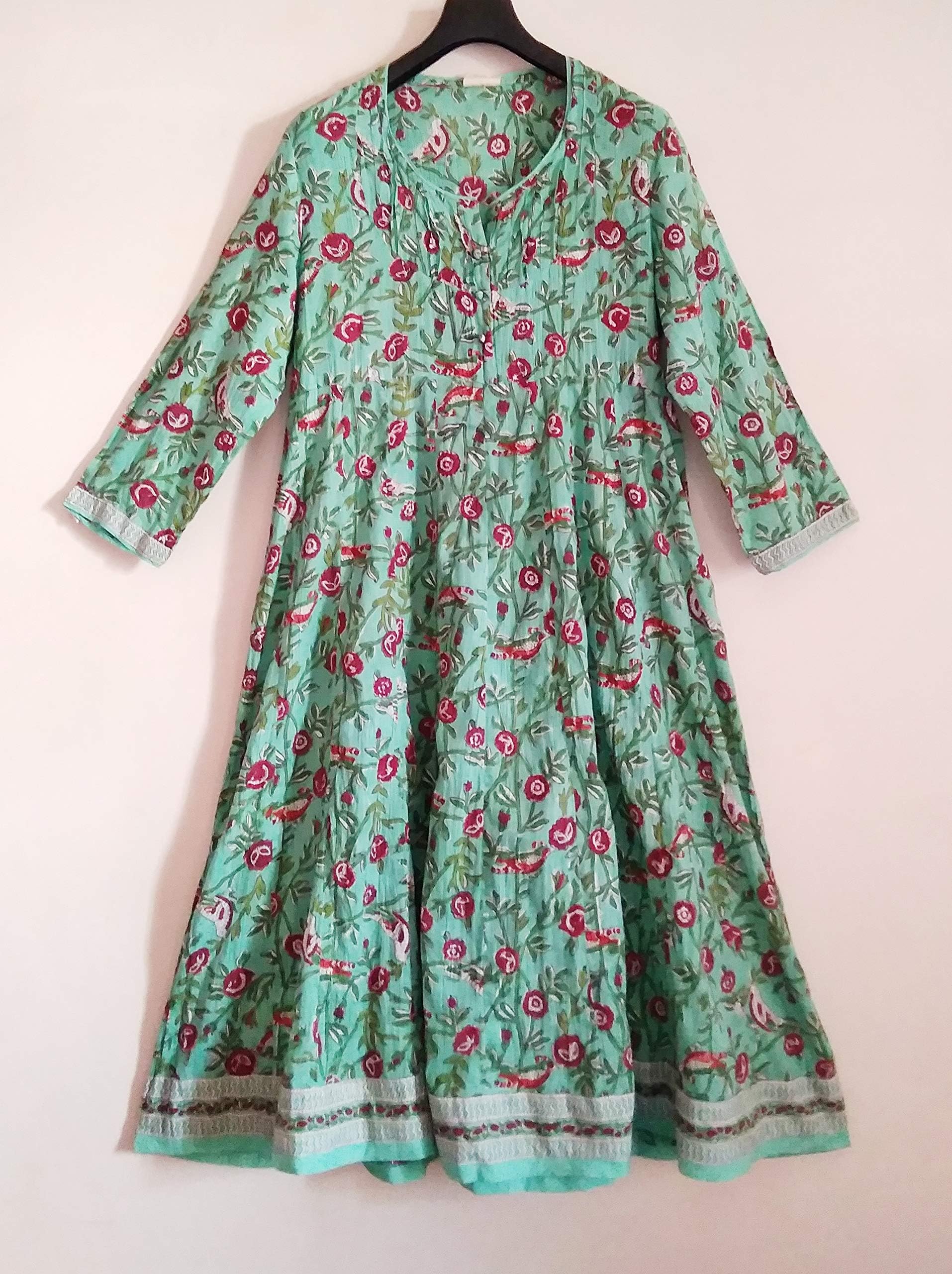 Mint & Maroon Red Chinoiserie Bird & Flower Anokhi Block print Indian cotton Dress