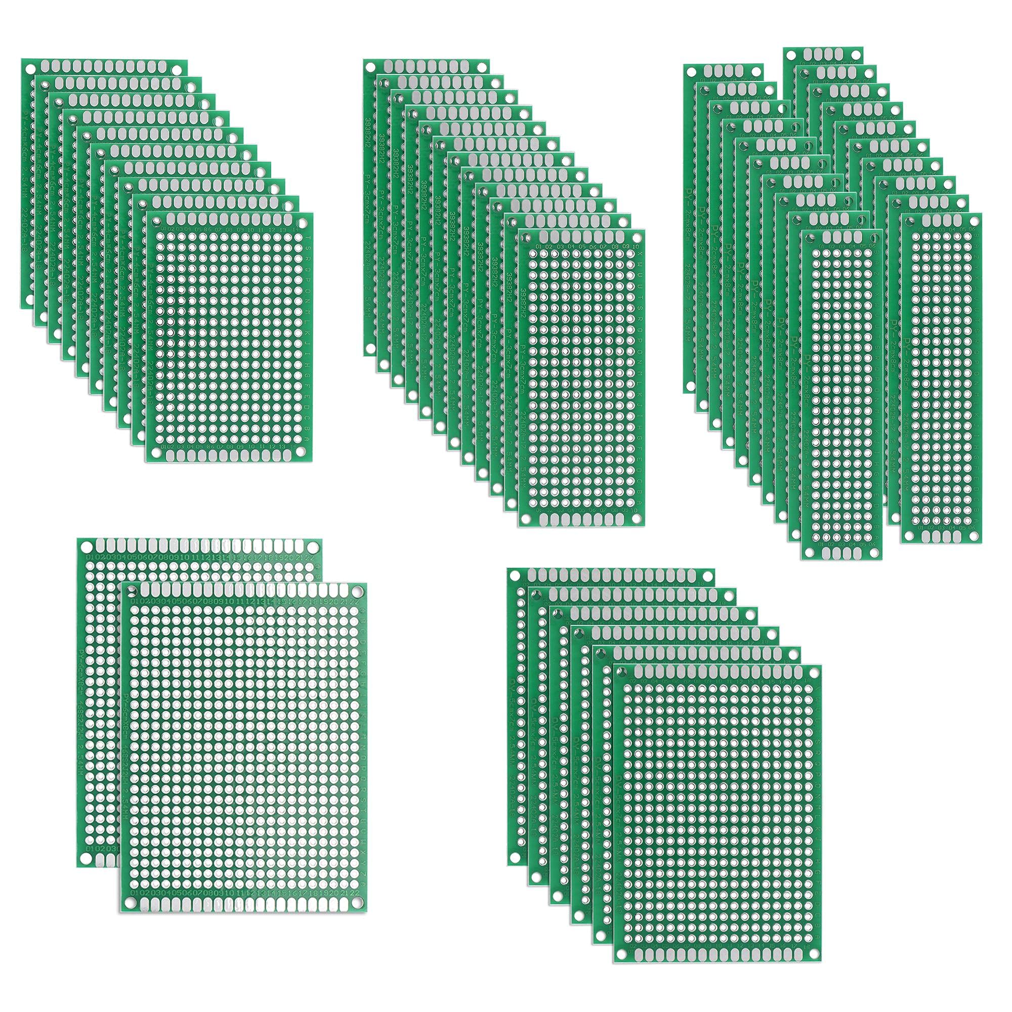 sourcing map Double-Sided PCB Board Printed Circuit Boards Kit (5 Sizes - 4x6 5x7 3x7 6x8 2x8) Prototyping Board for DIY Soldering Electronic Projects Practice Test Circuit 50pcs