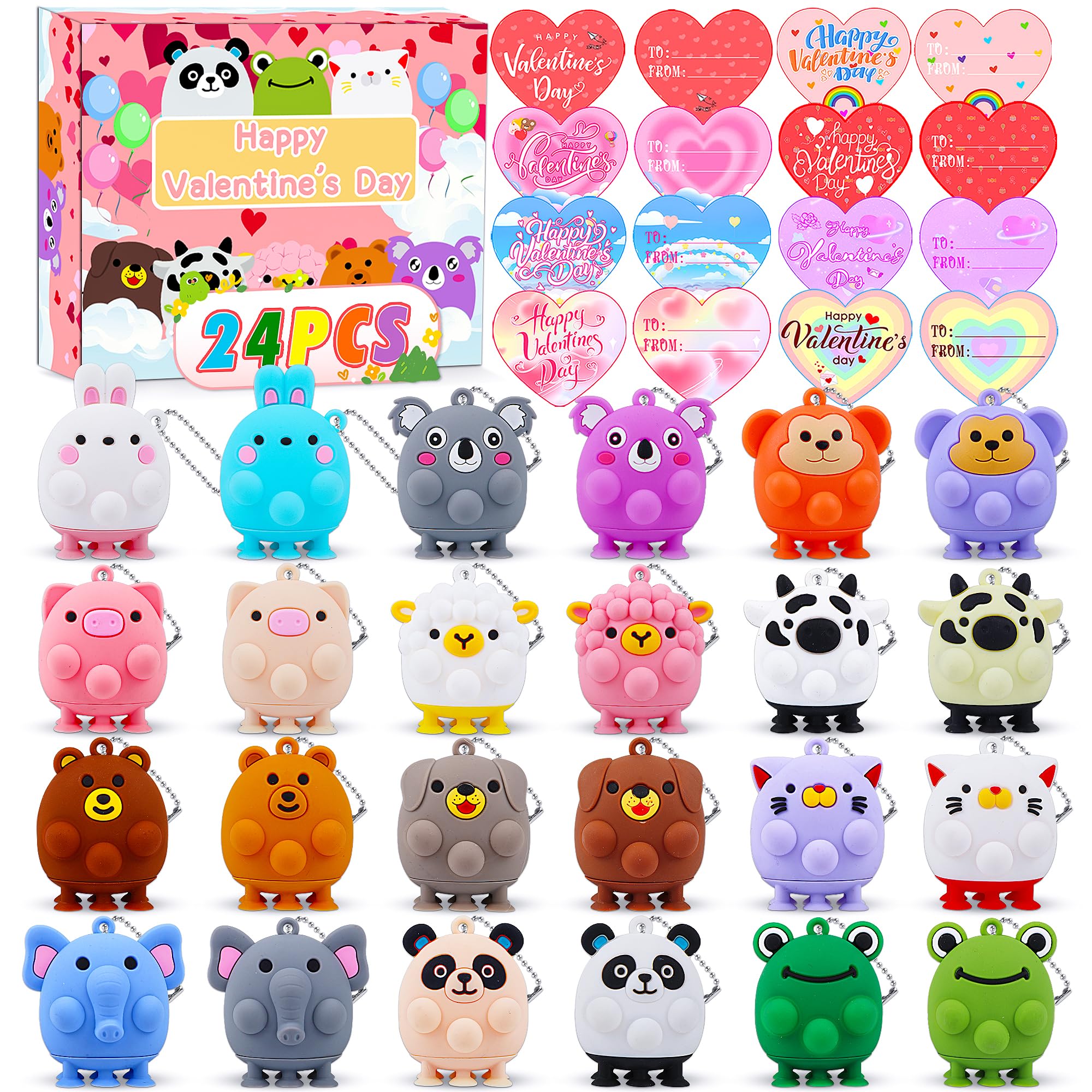 Valentines Day Cards for Kids School , 24PCS Animal Pop Suction Toys with Valentines Cards for Kids Classroom, Valentines Party Favors for Boys Girls