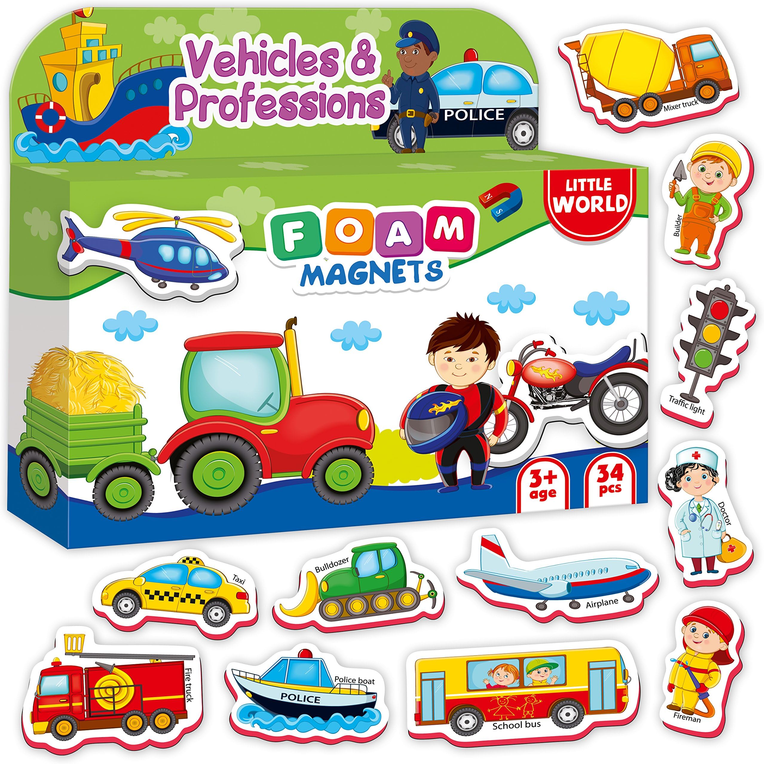 Roter Kafer Refrigerator Magnets for kids VEHICLES & PROFESSIONS (36 pcs) - Fridge Magnets for Toddlers activity - Educational Kids magnets - Toddler magnets - Baby Vehicle Magnets - Shape Magnets