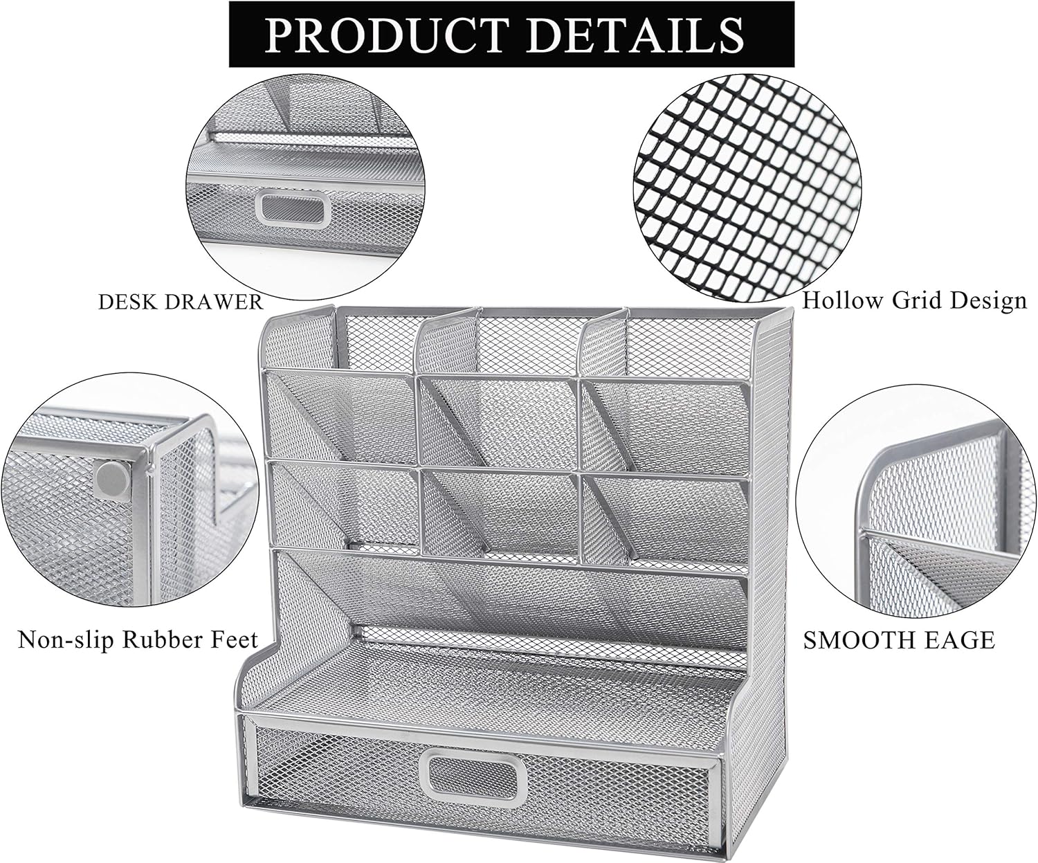 Cmonie Multi-Functional Mesh Desk Organizer Pen Holder, Pen Organizer for Desk, 10 Compartments Desktop Stationary Organizer, Storage Rack for School Home Office Art Supplies (Sliver) : Office Products