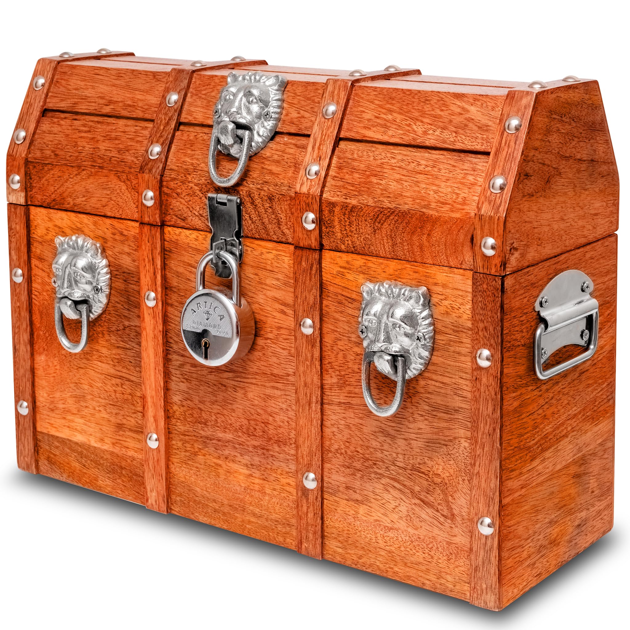Photo 1 of Vizayo Handmade Pirate Treasure Chest with Lock and Keys - 16 x 12 Inch Vintage Wooden Storage Trunk with Hinged Lid - Antique Storage Decorative Box Made of Strong and Durable Mango Wood (Orange)