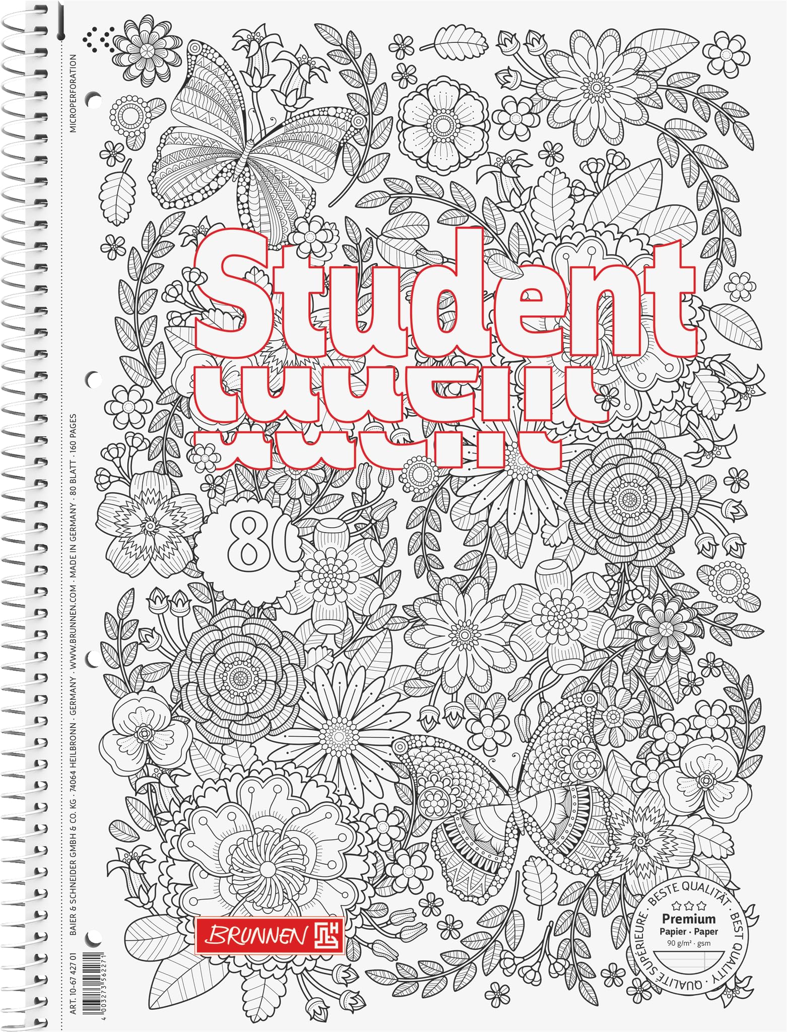 Brunnen 106742701 Student ZENart Notebook/Notepad, A4, Ruled, 27 Lines, 90 g/m², 80 Pages, Garden Motif