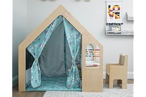 Avenlur Flair - 5 in 1 Indoor Playhouse with Desk Table, Chair, Chalkboard, Floor Cushion and Curtain Shades - Montessori and Waldorf Style for Ages 1 to 8 Years Old - (Large, Colorful Balloons)