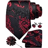 GUSLESON 8cm Paisley Tie Set for Men Necktie Lapel Pin Pocket Square Cufflinks Set for Men