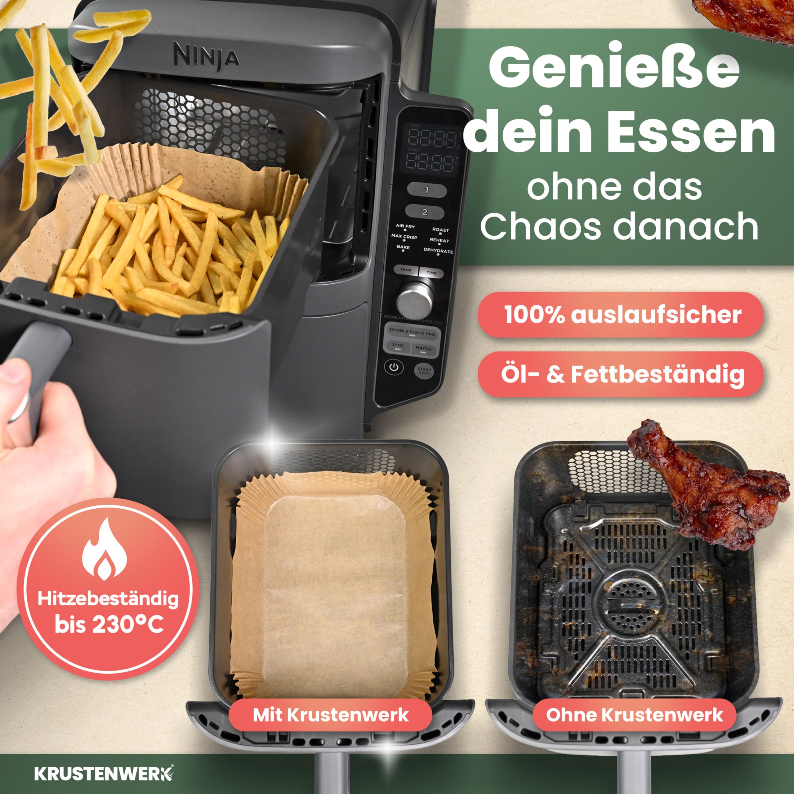 KRUSTENWERK® 120 Stück Backpapier für Heißluftfritteuse Ninja 20,5x14cm | Airfryer Backpapier für Ninja Double Stack XL & AF300EU AF400EU SL400EU und weiteren Dual Zone Air Fryer | FSC Siegel 2