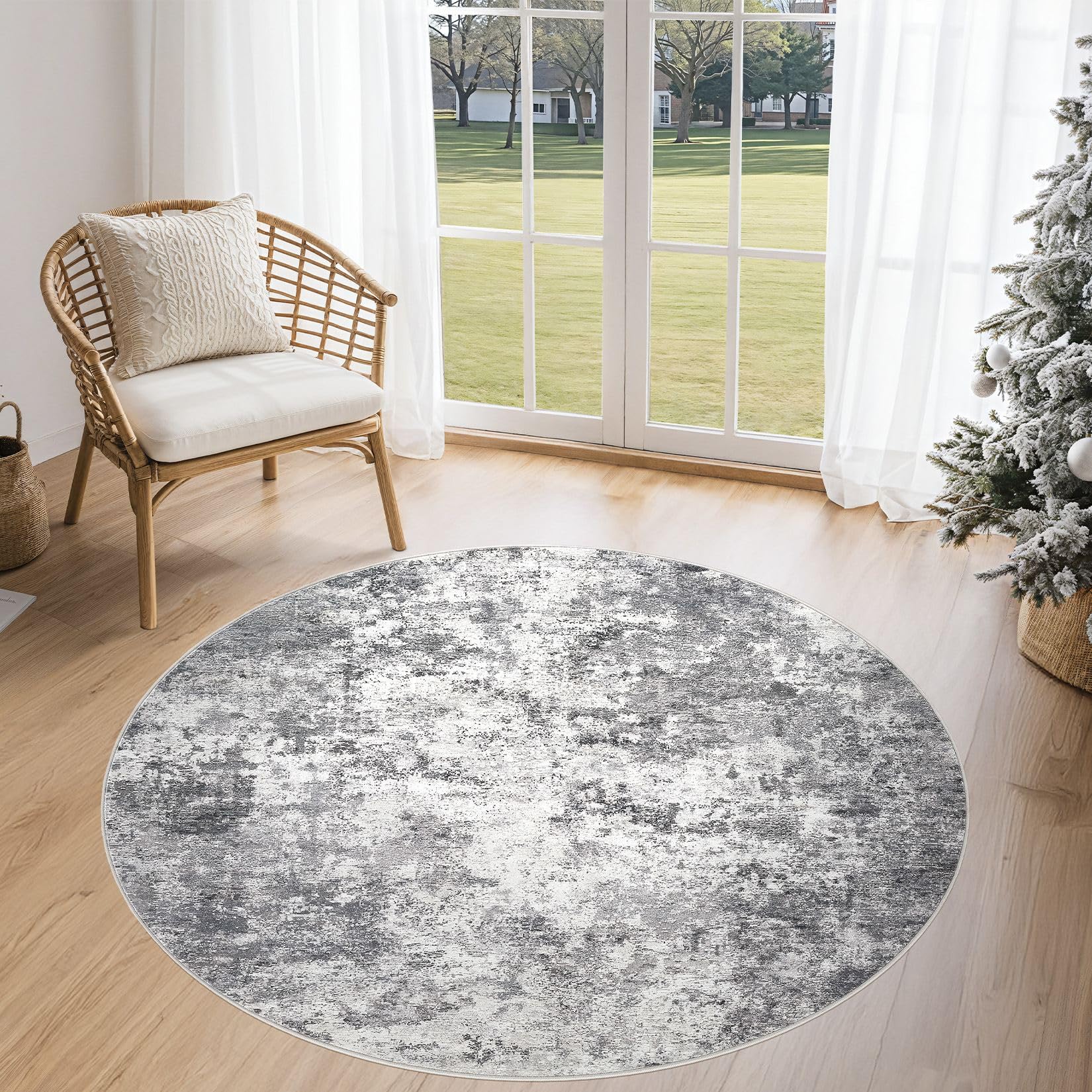 UERMEI 4ft Round Area Rug Living Room Rugs - 4x4 Washable Neutral Modern Abstract Soft Thin Rug Indoor Floor No Slip Rug Carpet for Bedroom Under Dining Table Home Office Decor - Grey