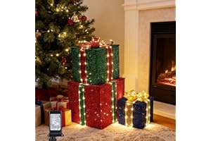 Lomotech Set of 3 Christmas Lighted Gift Boxes - Prel-Lit Gift Boxes with Timer, Lighted Christmas Presents for Xmas Tree, Yard, Holiday, Indoor Christmas Decorations（Small)