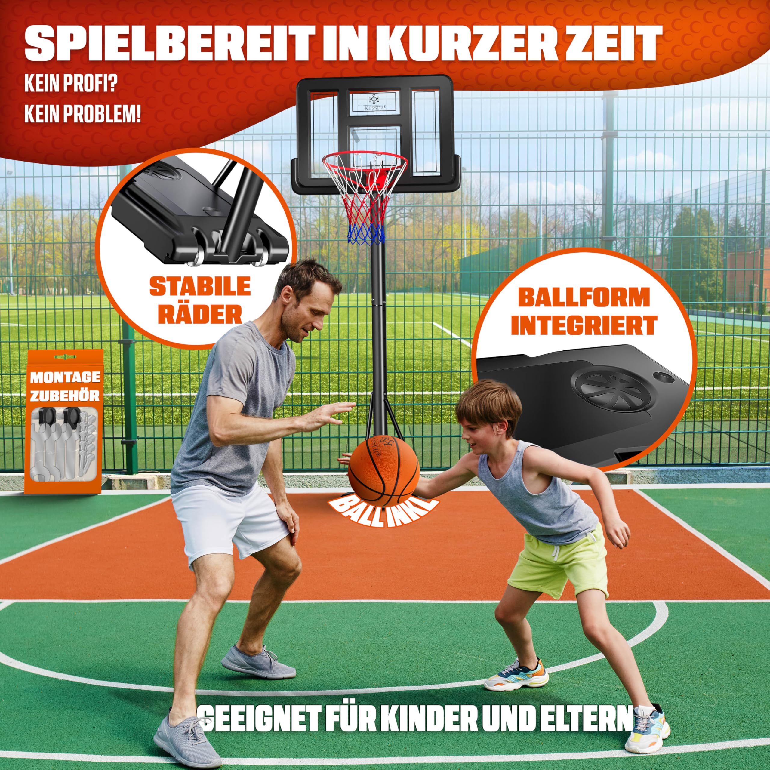 KESSER® Basketballkorb Set höhenverstellbar 160-210cm Mobiler Basketballständer mit Rollen, Backboard, Basketball, Pumpe & 2 Netzen - Indoor & Outdoor Basketballanlage für Kinder & Erwachsene Schwarz 6