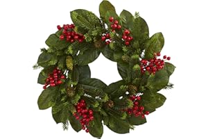 Nearly Natural 24in. Magnolia Leaf, Berry and Pine Artificial Wreath