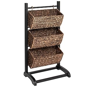 Best Choice Products 3-Tier Water Hyacinth Storage Basket Tower Shelving Cubby Display Organizer w/Metal Frame - Brown