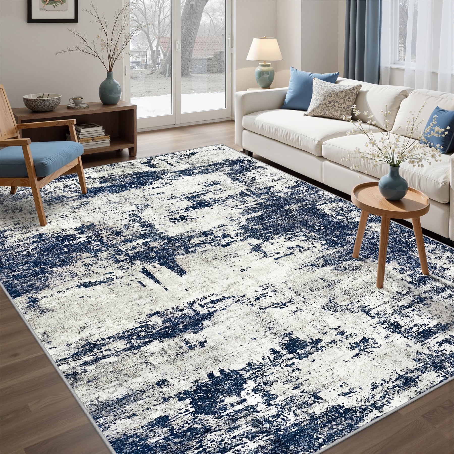 Photo 1 of Washable Rug 6x9 Area Rugs: Soft Large Living Room Rug with Anti-Slip Backing Non-Shedding Stain-Resistant Modern Abstract Carpet for Bedroom Dining Room Nursery Home Office-Gray/Blue