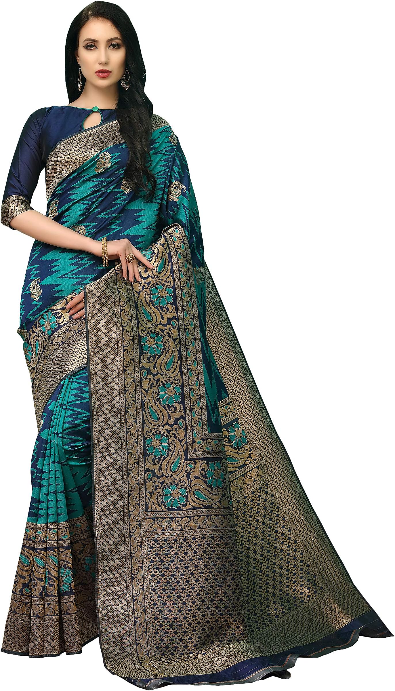 COTTON SHOPY Women's Kanchipuram Silk Blend Saree With Blouse Piece (Cott-890_Dark Blue)