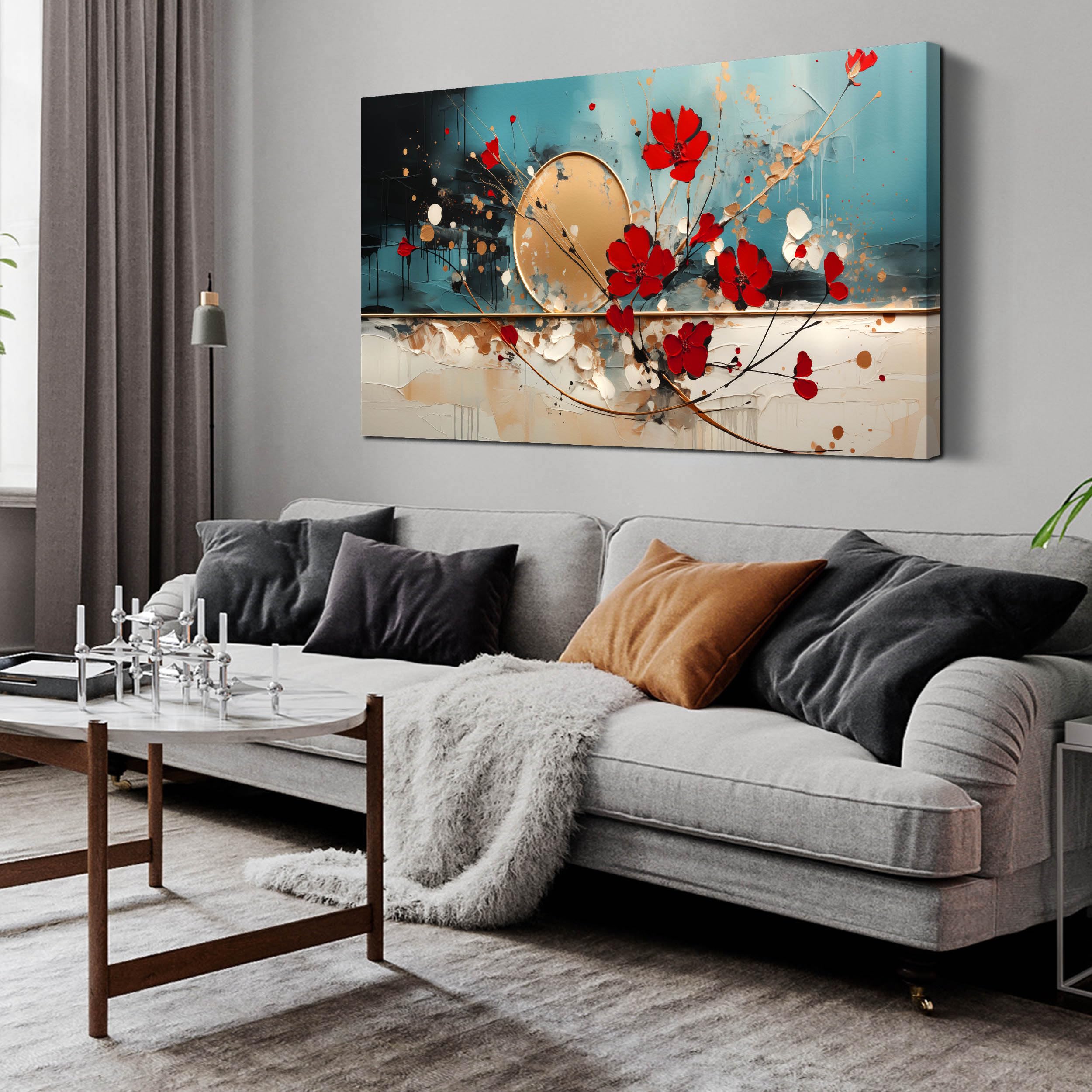 Photo 1 of Kepgonegu Floral Wall Art Red Flowers with Teal Background Modern Abstract Artwork for Living Room Bedroom Office Home Canvas Prints 24x48 Inch