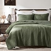 WDCOZY Olive Green Cross Stitch King Size Quilt Set, Striped Lightweight Soft Bedspread, Channel Farmhouse Rustic Coverlet, All Season Country Bedding, Thin Comforter