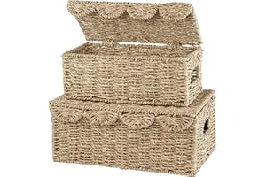 84ECO Set of 2 Scalloped Seagrass Baskets with Lid