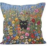 WNAGT Abstract Wildflower Black Cat Pillow Covers 18x18, Black Cat Lover Gifts, Watercolor Cottagecore Kitty Kitten Decorative Throw Pillow Covers for Couch Sofa Bedroom Living Room Home