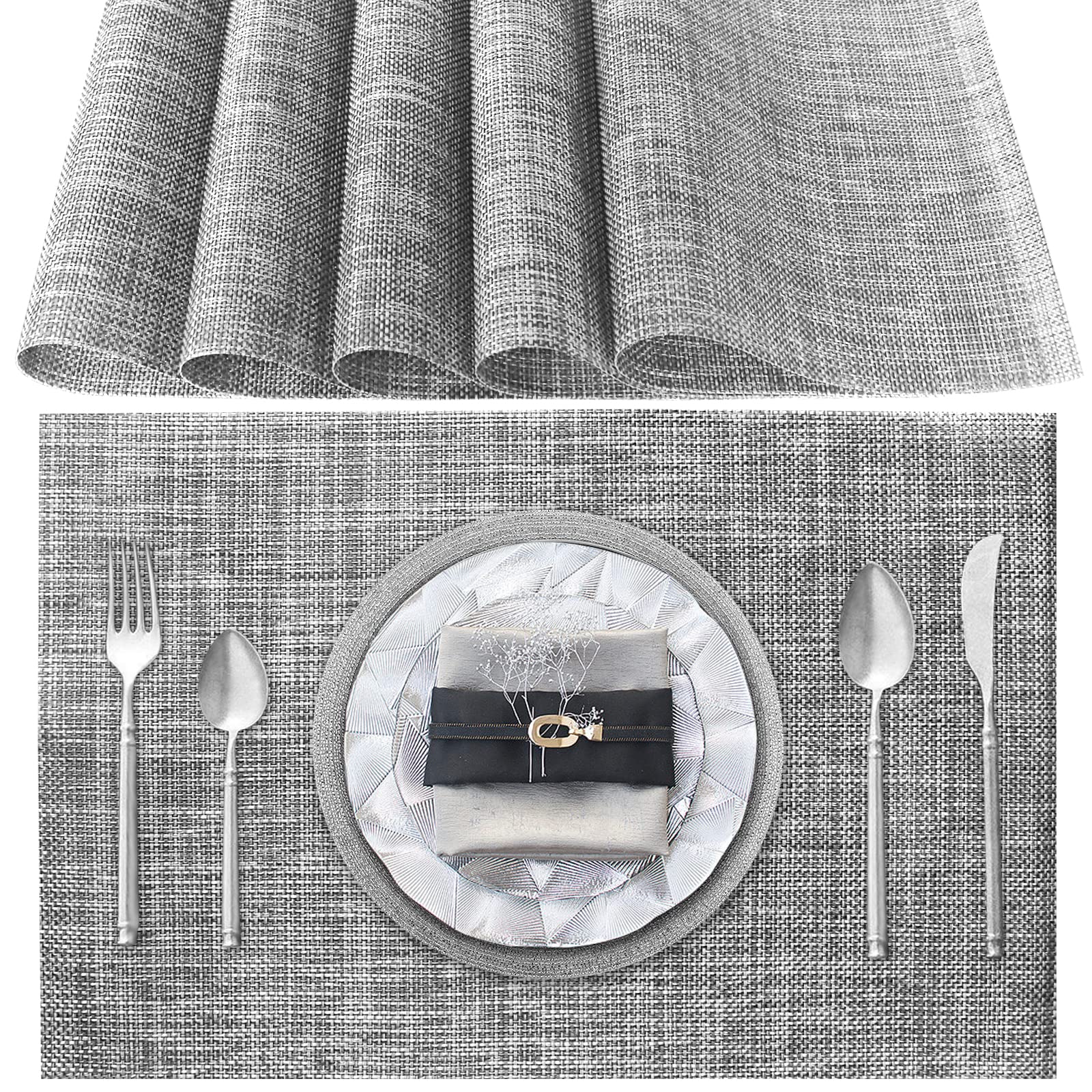 Poligono Washable Placemats, (70% PVC and 30% Polyester) Table Mats set of 6, Non-slip, Heat Resistant, Place Mats for the Kitchen Table, Grey