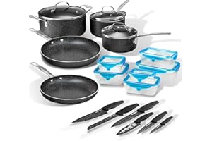 Granitestone 26 Pc Pots and Pan Set Non Stick with Sharp Nutribade Knife Set + Storage Containers, Non Stick Cookware Set, Non Stick Pots and Pan Set, Pot Set, Oven and Dishwasher Safe