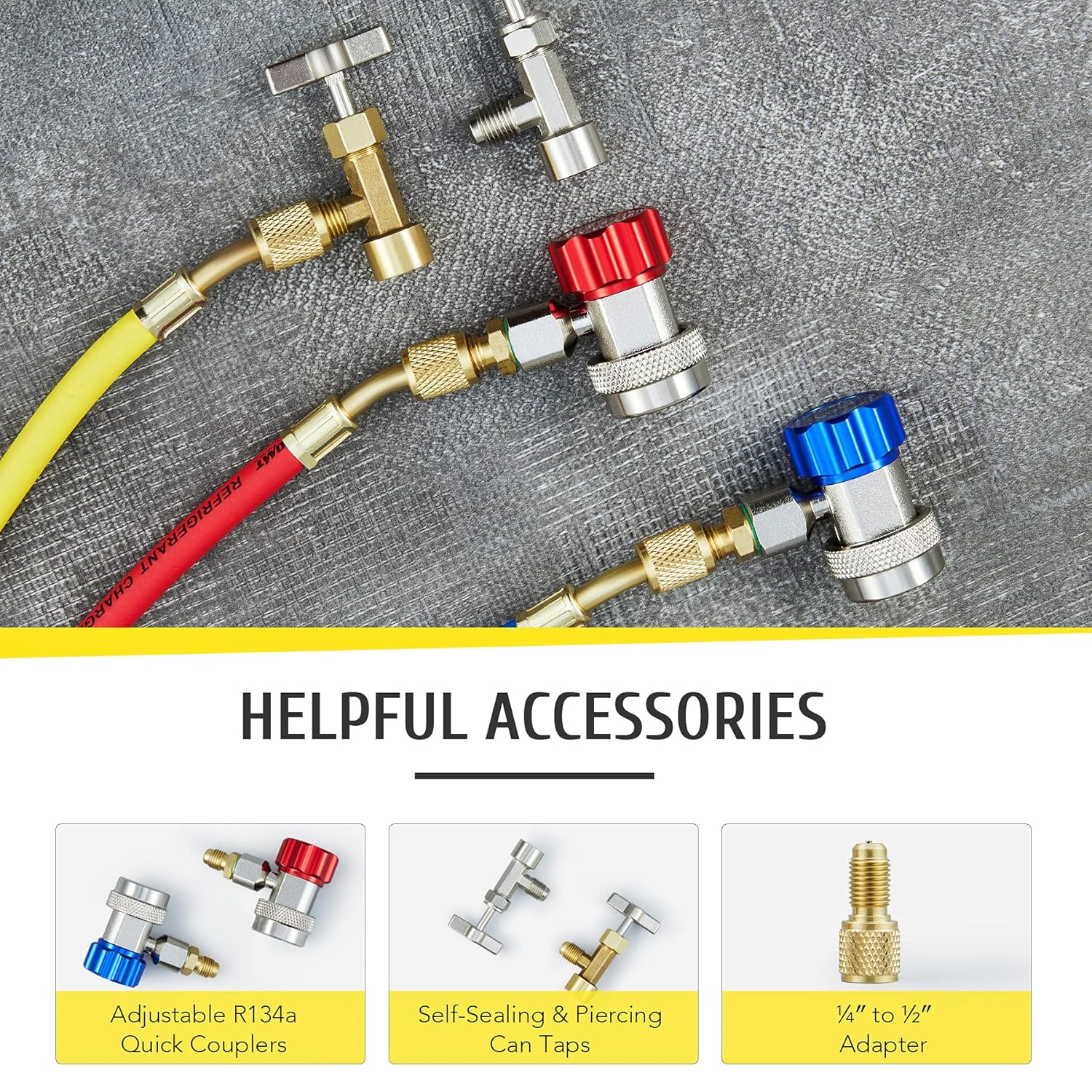 AC Manifold Gauge Set, AC Gauges for R134a R12 R22 R502 Refrigerant, Car AC Gauge Set with 5FT Hoses Adapter Adjustable Couplers, Puncturing & Self Sealing R134A Can Tap Freon Charge Kit: Industrial & Scientific