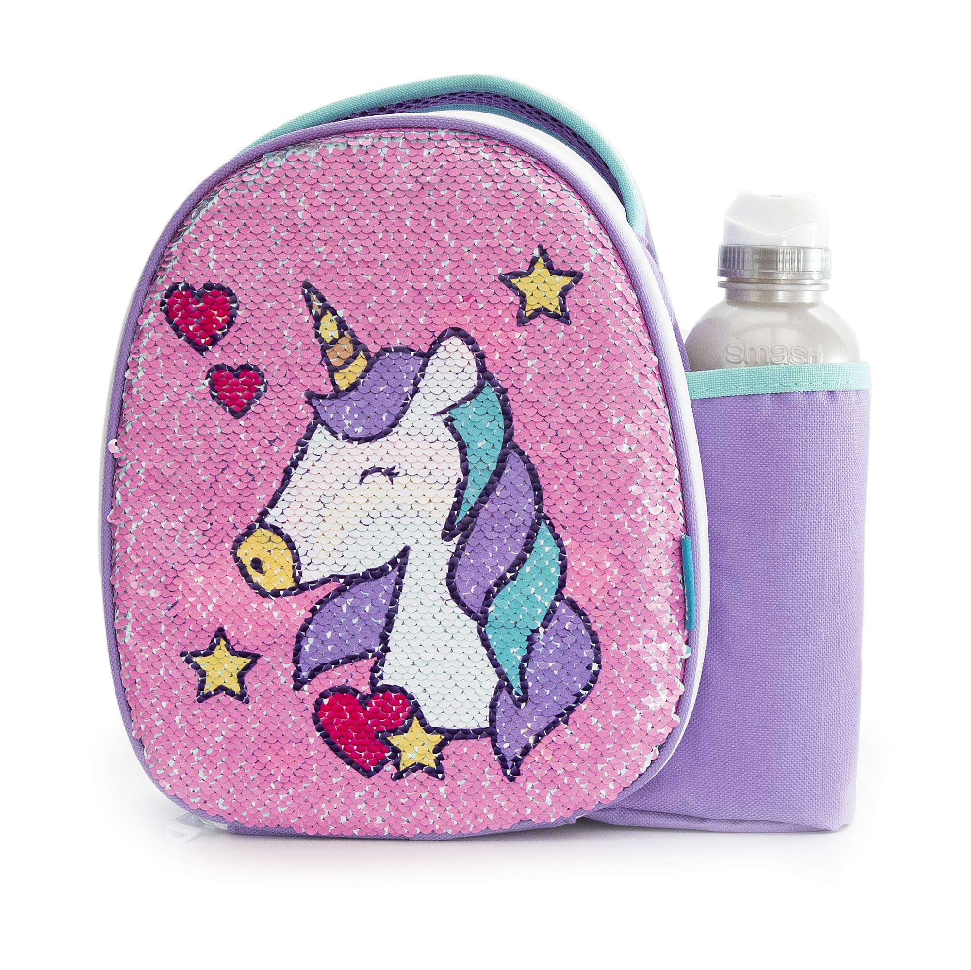 Smash 22841 Insulated, Polyester, 500 milliliters, Reverse Sequin Unicorn Lunch Bag and 500ml Bottle,8.5cm x 25.5cm x 25cm, Pink/ Purple
