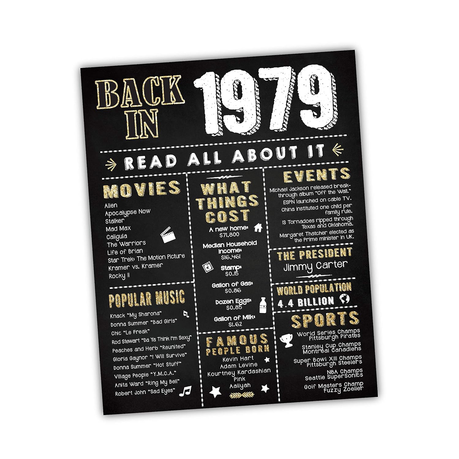 8x10 BD040,  for Gifts | Birthday Sign 40th Katie Includes Back-in-1979 Decorations Men Women Black/Gold or Doodle [Unframed],