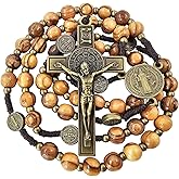TALISMAN4U St Benedict Crucifix Olive Wood Rosary Beads Catholic Necklace for Men Bronze Saint Benedict Medals Vintage Handmade Rosaries Rosario Catolicos Para Hombre Religious Gift Box & Prayer Card