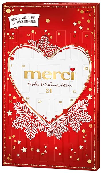 Merci Adventskalender Festliche Kostlichkeiten Aus Der Grossen Vielfalt Von Merci In 24 Turchen Verteilt 1 X 250g Amazon De Lebensmittel Getranke