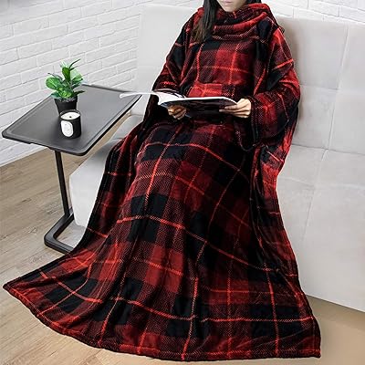PAVILIA Premium Fleece Blanket with Sleeves for Adult, Women, Men | Warm, Cozy, Extra Soft, Microplush, Functional, Lightweight Wearable Throw (Regular Pocket, Plaid Red)