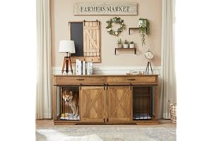 EDYO LIVING Extra Large Furniture Style Double Dog Crates, 72.5" Farmhouse Wooden Dog Kennel Furniture with Drawers, Divider, Water Resistant & Barn Door for 2 Dogs, Rustic Oak