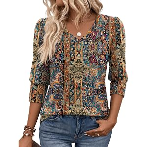 Zeagoo Womens 3/4 Sleeve V Neck T Shirts Dressy Casual Tops | Business Work Tops, Going Out Blouse, Early Fall Fashion Outfit