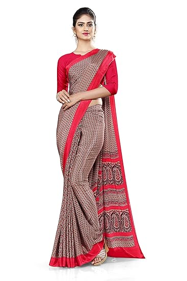 Uniform Sarees Corp Womens Small Print Italian Silk Crepe Office Uniform Saree With Blouse (Brown;Red)