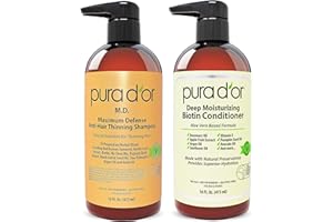 PURA D'OR MD Anti-Thinning Biotin Shampoo & Conditioner Set (16oz x2) Maximum Defense Coal-Tar Strong Scented Hebal Blend Hair Thickening Products For Women & Men, Daily Shampoo For Scalp Health
