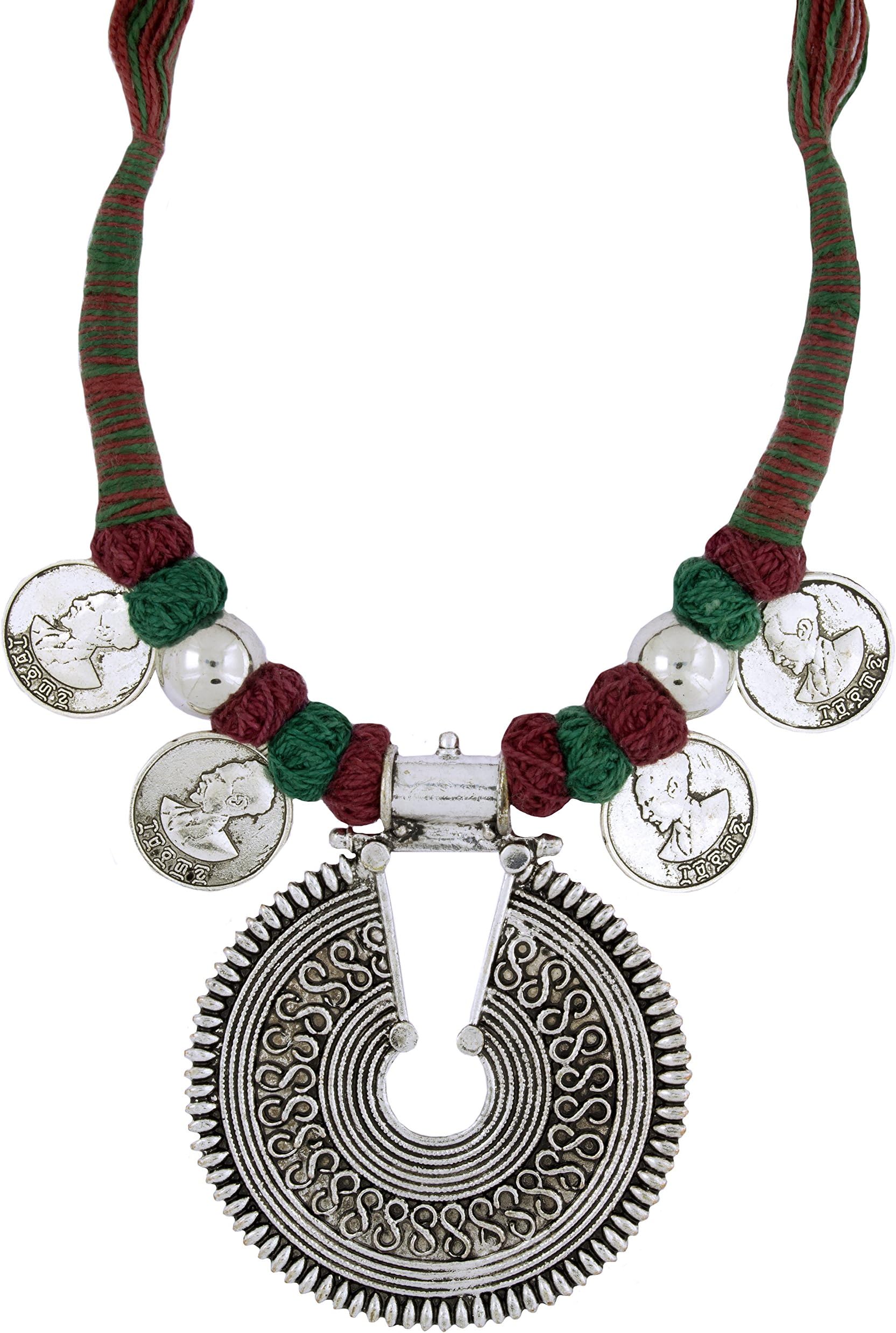 Coin Tibetan Bohemian Tribal Cotton Rhodium German Silver Blue Green Brass Necklace Women