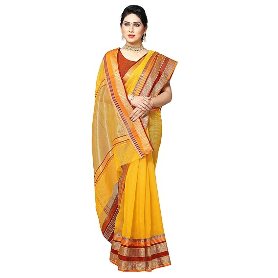 Textile Temple Border Kota Doria Cotton Manipuri Saree with unstitched blouse piece