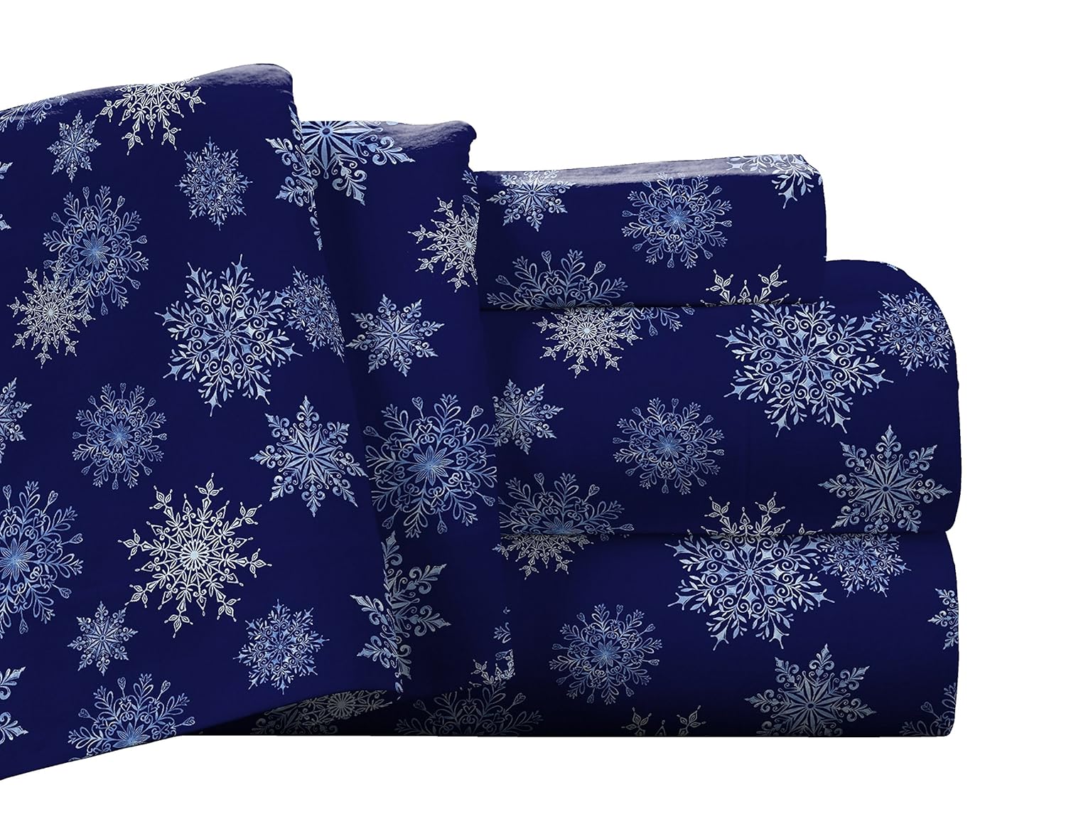 Pointehaven Flannel Deep Pocket Set with Oversized Flat Sheet, Twin, Snow Flakes Navy