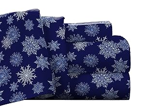 Pointehaven Flannel Deep Pocket Set with Oversized Flat Sheet, Twin, Snow Flakes Navy