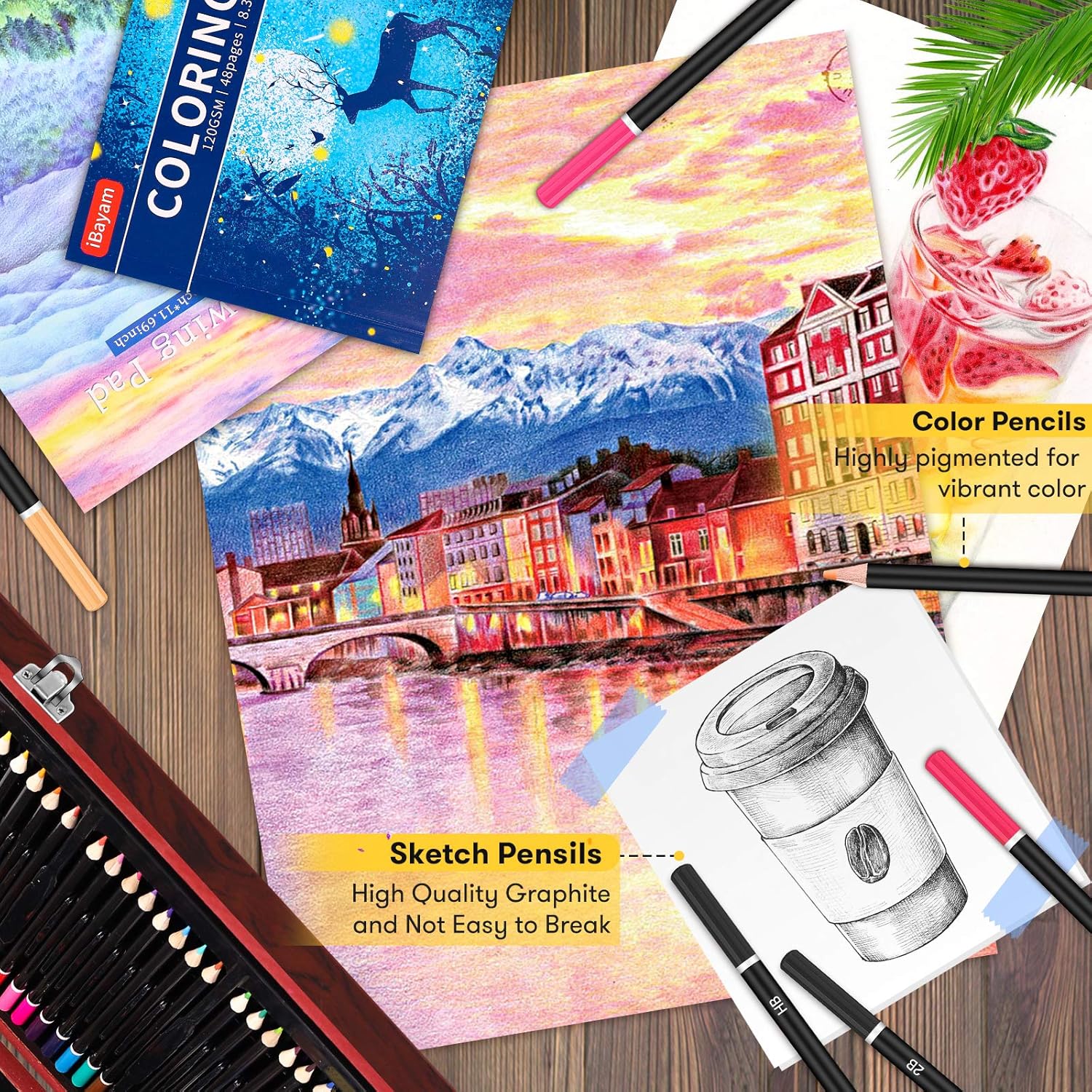Art Supplies, iBayam 150-Pack Deluxe Wooden Art Set Crafts Drawing Painting Kit with 1 Coloring Book, 2 Sketch Pads, Creative Gift Box for Adults Artist Beginners Kids Girls Boys 5 6 7 8 9 10 11 12