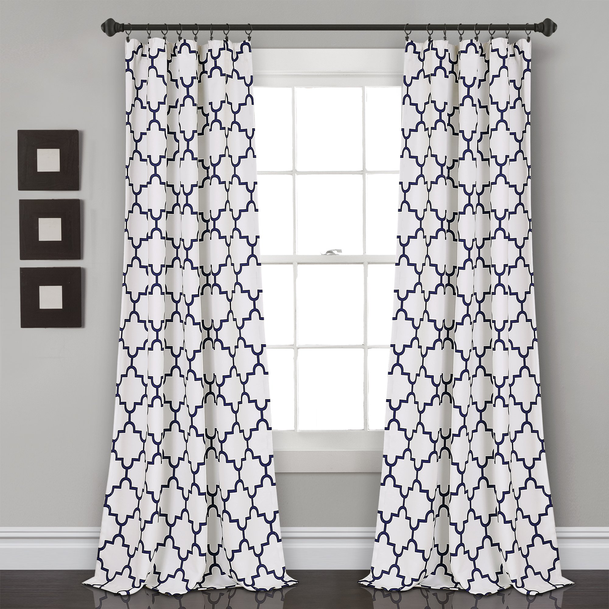Lush Decor, Navy Bellagio Room Darkening Curtains-Trellis Geometric Design Window Panel Drapes Set for Living, Dining, Bedroom (Pair), 95” x 52 95" x 52"