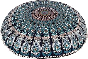 Shubhlaxmifashion 32" Blue Mandala Floor Pillow Cushion Seating Throw Cover Hippie Decorative Bohemian Ottoman Poufs, Pom Pom Pillow Cases,Boho Indian