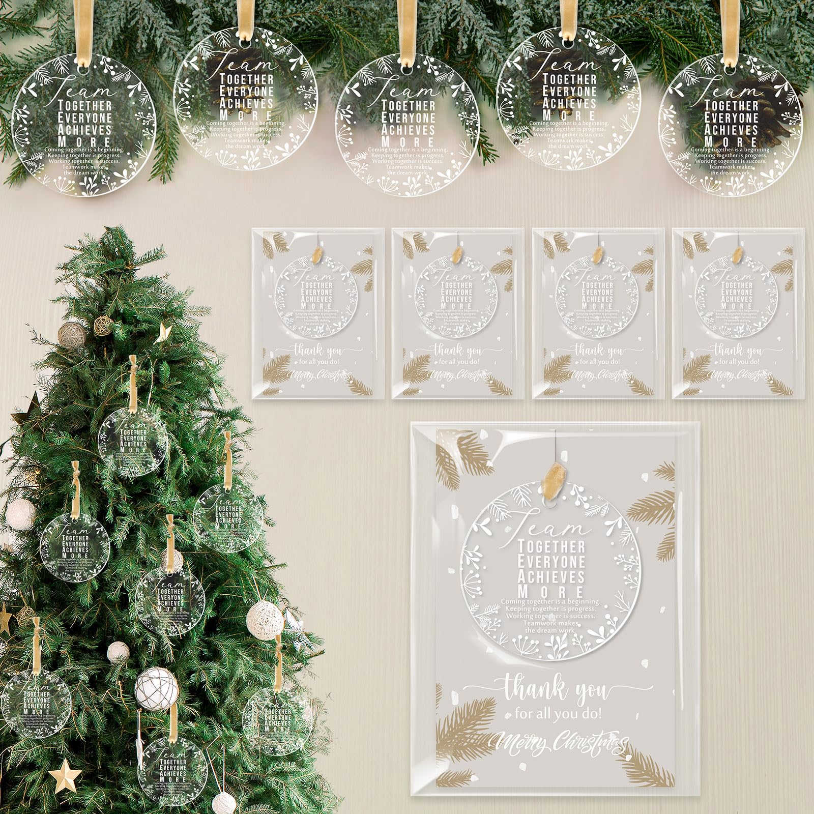 Photo 1 of 36 Sets Christmas Team Gifts Coworker Employee Ornament Appreciation Thank You Gifts Bulk Acrylic Hanging with Ribbon Christmas Card Bag for Co Worker Office Nurse Teacher Team Building Gifts