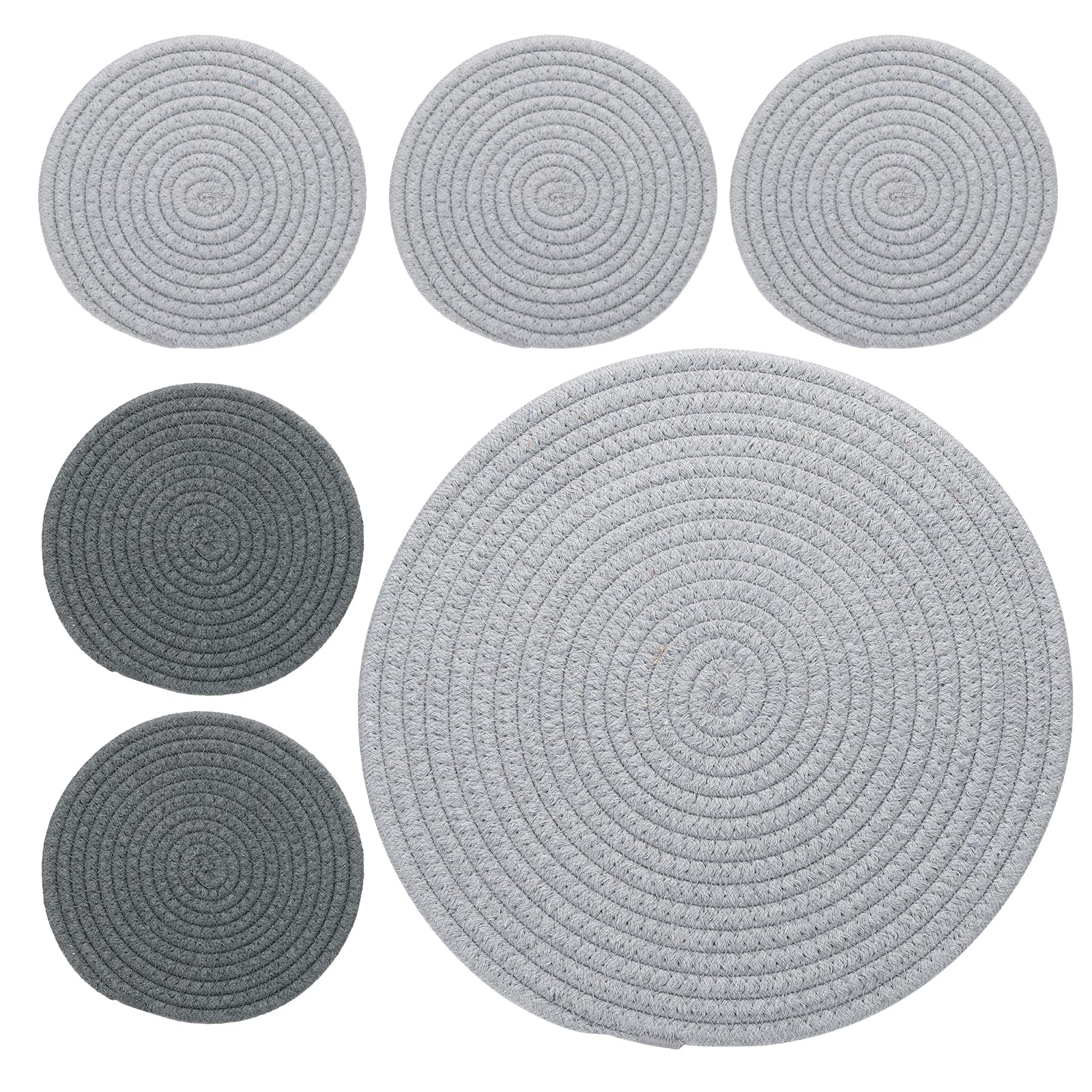 PATIKIL Plant Coasters 7 Inch 12 Inch, 6 Pcs Woven Plant Mat Round Pads Set for House Indoor Outdoor Gardening Pot Kitchen Table, Light Gray, Dark Gray
